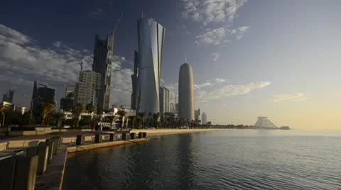 Qatar, Doha, left to right Palm Tower, Al Bidda Tower and Burj Qatar Stock Footage 10743254