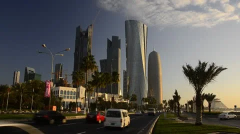 Qatar, Doha, left to right Palm Tower, Al Bidda Tower and Burj Qatar Stock Footage 10743377