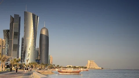 Qatar, Doha, left to right Palm Tower, Al Bidda Tower and Burj Qatar Stock Footage 77273813