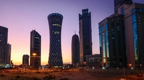Qatar, Doha, Palm Tower, Burj Qatar, Tornado Tower, TIME LAPSE, night to day Stock Footage 59828719