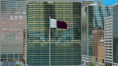 Qatar Flag 3D Render Animation on Pole with Modern Business District Buildin Stock-Footage 332878736