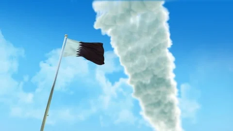 Qatar Flag 3D Render Animation on Pole with Fighter Jets Smoke Trails in Blu Stock-Footage 333231708