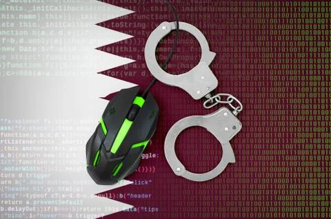 Qatar flag  and handcuffed computer mouse. Combating computer crime, hackers  Stock-Fotos