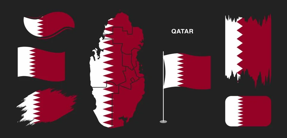 Qatar Flag and Map Set with Waving and Brush Stroke Elements Stock Illustration