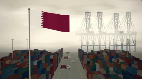 Qatar Flag Flying Over A Container Port Terminal In Morning Haze Stock Footage 344470548