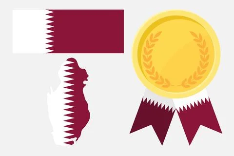 Qatar flag with map and gold medal in set for web and banners or app and game Stock Illustration