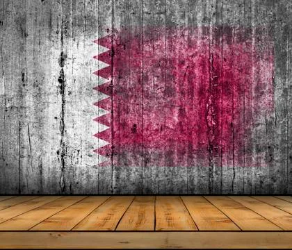 Qatar flag painted on background texture gray concrete with wooden floor Stock Photos