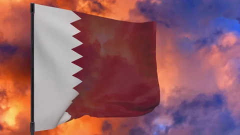 Qatar flag on pole with sky background seamless loop 3d animation Vidéo 149464421