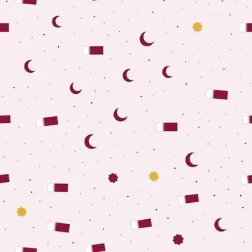 Qatar flag seamless pattern with crescent moons, golden eight pointed stars and Stock Illustration