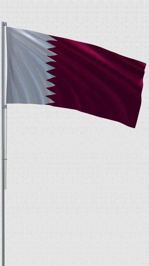Qatar flag waving on metal flagpole vertical video transparent background 3D Stock Footage 332116997