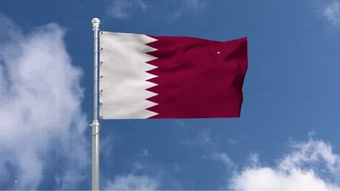 Qatar flag waving on silver pole against bright blue sky background with cl.. Stockbeeldmateriaal 342075514