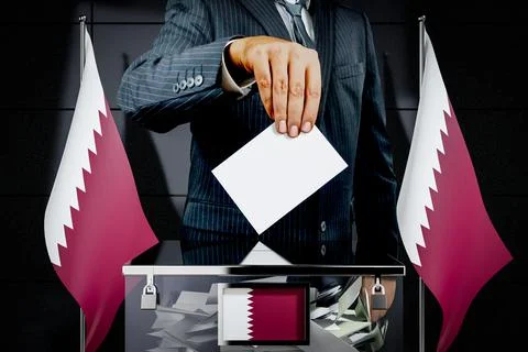 Qatar flags, hand dropping voting card - election concept - 3D illustration Ilustración de archivo