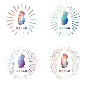 Qatar low poly sunburst set. Logo of country in geometric polygonal style. .. Ilustração Stock