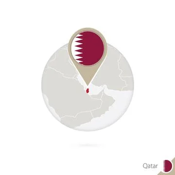Qatar map and flag in circle. Map of Qatar, Qatar flag pin. Map of Qatar in.. Stock Illustration