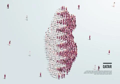 Qatar Map and Flag. A large group of people in the Qatari flag color. Stock Illustration