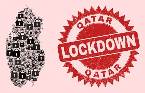 Qatar Map Composition with Locks and Viruses and Grunge Lockdown Seal Stock Illustration