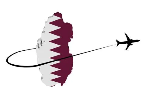 Qatar map flag with plane silhouette and swoosh 3d illustration Stock Illustration
