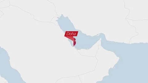 Qatar map highlighted in Qatar flag colors and pin of country capital Doha. Stock Illustration