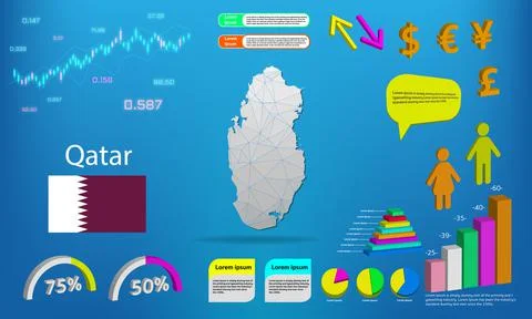 Qatar map info graphics - charts, symbols, elements and icons collection. Det Stock Illustration