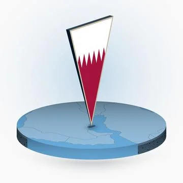 Qatar map in round isometric style with triangular 3D flag of Qatar Stock Illustration