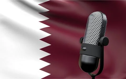 Qatar national flag with microphone composition of voice of truth debate info Stock Illustration