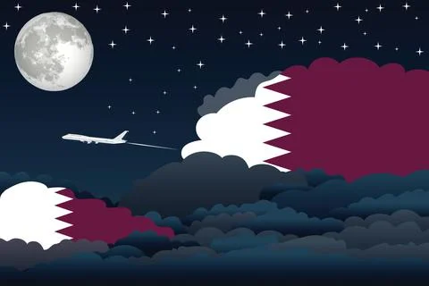 Qatar Night Clouds Airplane Vector Illustration Stock Illustration