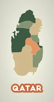 Qatar poster in retro style. Map of the country with regions in autumn colo.. Ilustração Stock