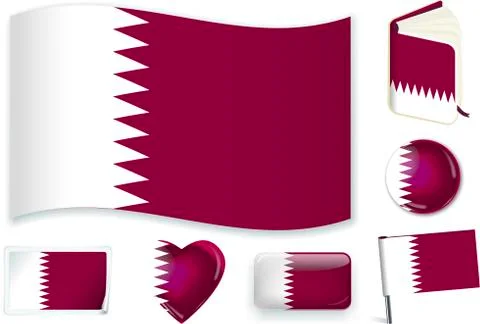 Qatar. Qatari flag wave, book, circle, pin, button, heart and sticker. Stock Illustration