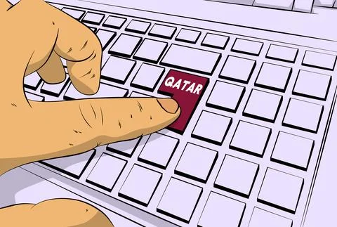 Qatar word on computer keyboard. Man push keypad on laptop. Comic book style  Stock Illustration