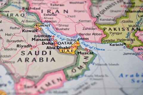 Qatar on World Map Close Up Macro Defocused Background Geographic Image Stock-Fotos