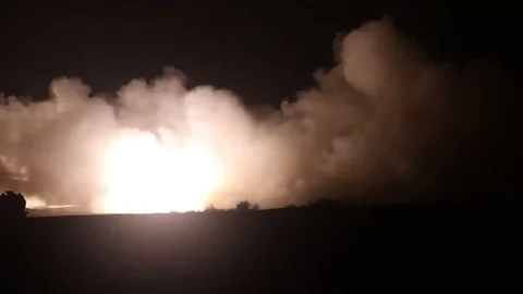 Qatari Air Force Artillery Saturation Rocket System (ASTROS II) firing at night Stock Footage 106382358