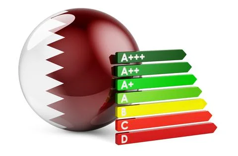 Qatari flag with energy efficiency rating. Performance certificates in Qatar  Stock Illustration