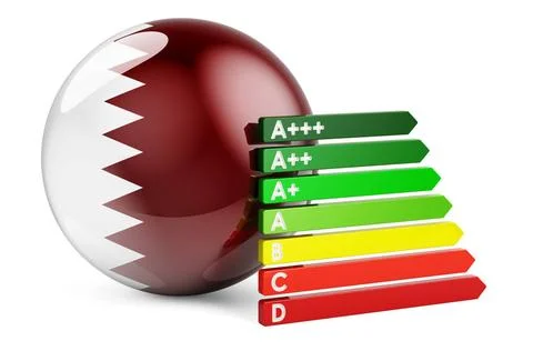 Qatari flag with energy efficiency rating. Performance certificates in Qat... Stock-Fotos