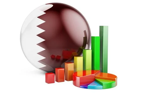 Qatari flag with growth bar graph and pie chart. Business, finance, economic  Stock Illustration