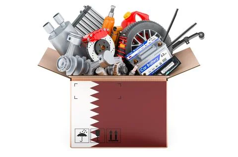 Qatari flag painted on the parcel with car parts. 3D rendering Stock Illustration