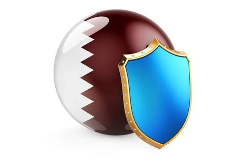 Qatari flag with shield. Protect of Qatar concept, 3D rendering Stock Illustration