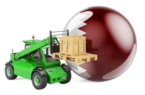 Qatari flag with telescopic handler truck and parcel. Cargo shipping in Qatar Illustrazione stock