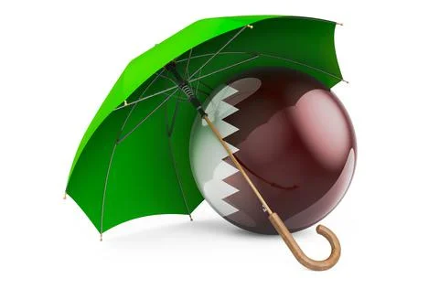 Qatari flag under umbrella. Protection and security of Qatar concept, 3D rend Stock Illustration