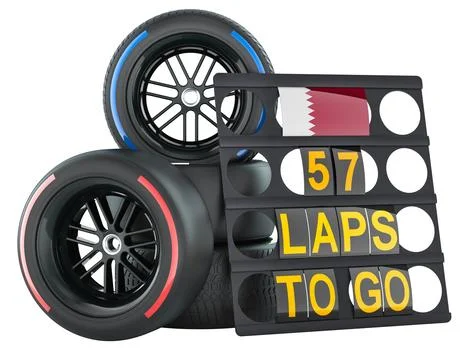 Qatari racing, pit board with flag of Qatar and racing wheels. 3D rendering Stock Illustration