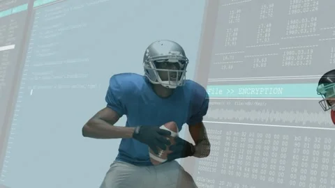 QB shifting and throwing while avoiding rusher approaching, tech panels showing Stock Footage 330192428