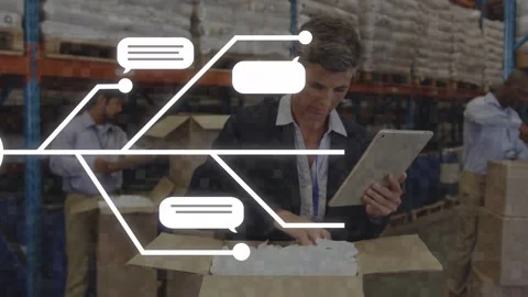QC lead tapping tablet inspecting box in warehouse, showing AI map then fading Stock Footage 334884162