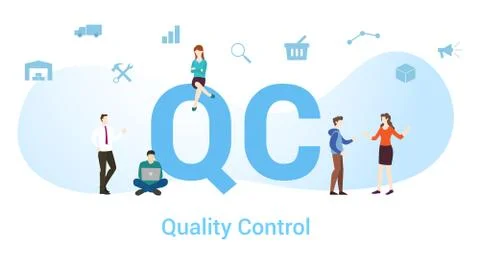Qc quality control concept with big word or text and team people with modern  Illustrazione stock