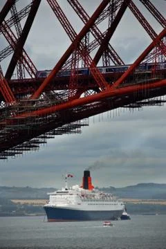 QE2 at Anchor in the River Forth at South Queensferry  under the Forth Bridge Stock Photos