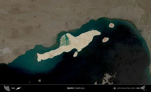 Qeshm highlighted, Iran. Satellite image. April 2020 Stock Illustration
