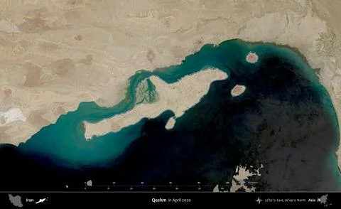 Qeshm outlined, Iran. Satellite image. April 2020 Stock Illustration
