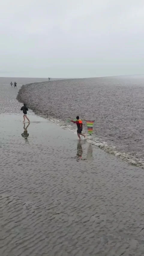 Qiantang River Tidal Bore Chasing Folk Custom in Zhejiang, China Vídeo Stock 337348011