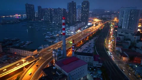Qingdao City Nightscape: Elevated Roads and Port Stock Footage 330722148