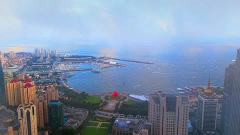 Qingdao Cityscape, May Fourth Square, and Sailing Bay Aerial Stock Footage 330707552