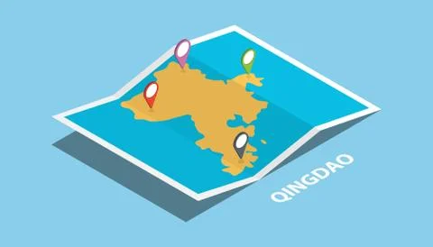Qingdao in eastern shandong explore maps with isometric style and pin locatio Stock Illustration