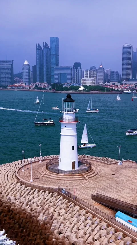 Qingdao Lighthouse and Olympic Sailing Center Cityscape Stock Footage 330849098
